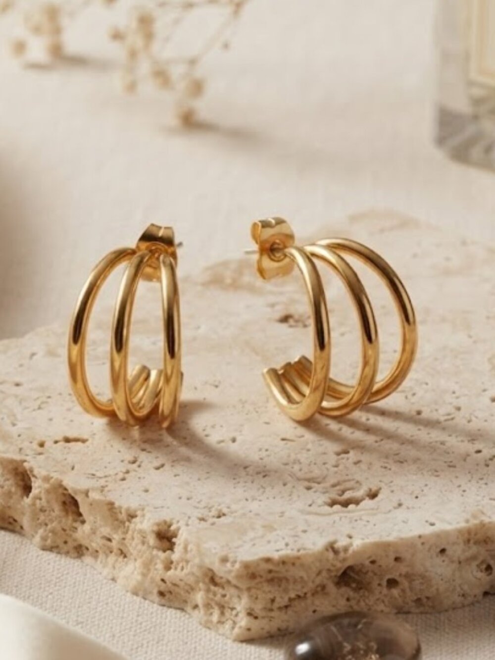 18K Gold Plated Triple Hoop Earrings Stacked Illusion Stainless Steel Split Stud